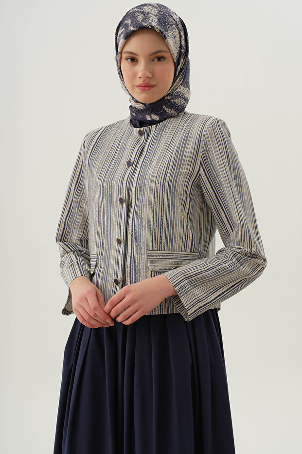 Çizgili Mini Ceket - İndigo - 7