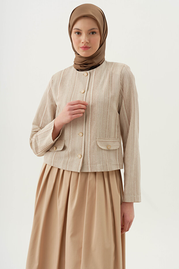 Çizgili Mini Ceket - Bej - 3