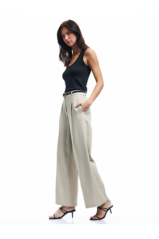Belted Pocket Straight Wide Leg Linen Trousers