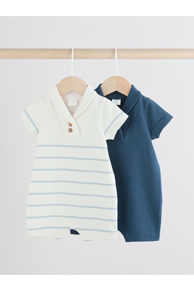 100% Cotton Navy Blue White Stripe Patterned 2-Piece Romper Set