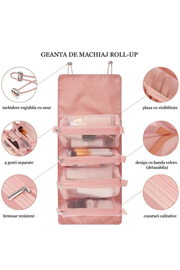 Foldable and Portable Makeup Bag, Multifunctional, Polyester, Pink - 3