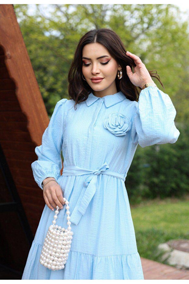 DADALİ GÜL DETAYLI GÖMLEK YAKA ELBİSE BEBE MAVİSİ - 1