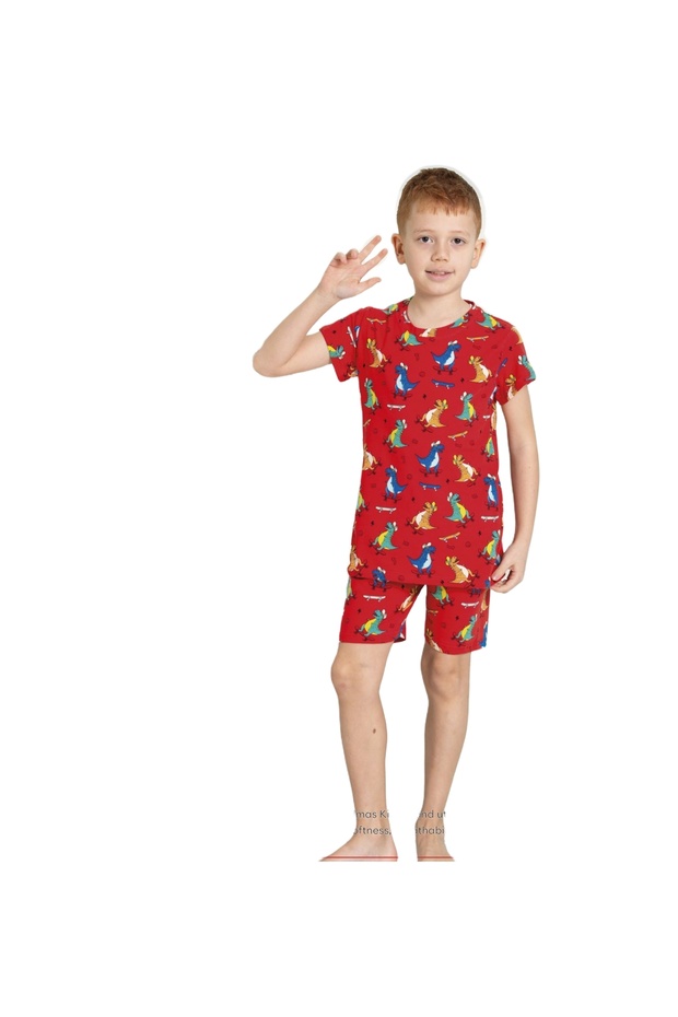 Elmas Kids Male Child 100% Cotton Red Dinosaur Patterned Summer Short-Sleeve Shorts Pajamas Set