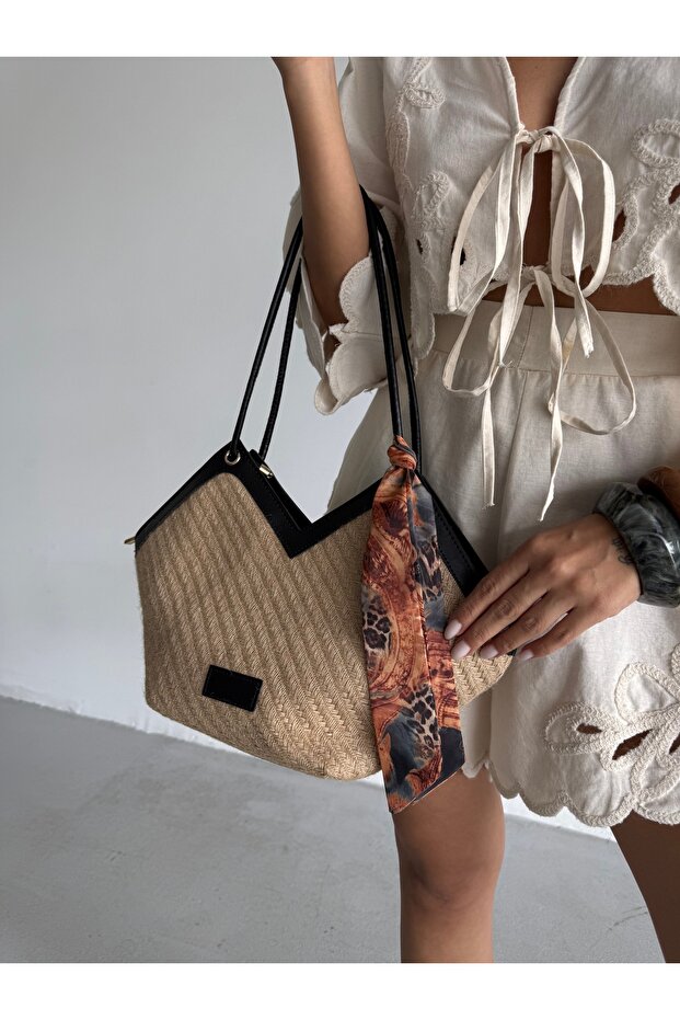 Kadın Hasır Kumaş Omuz Çantası Node - 6
