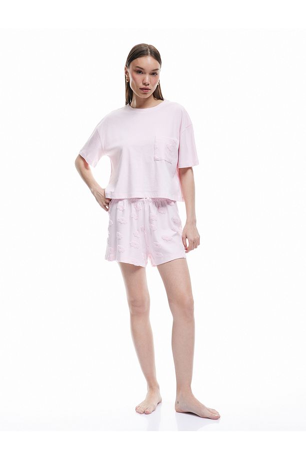 Pamuklu Bisiklet Yaka Kısa Kollu Çiçekli Şortlu Pijama Takımı - 1