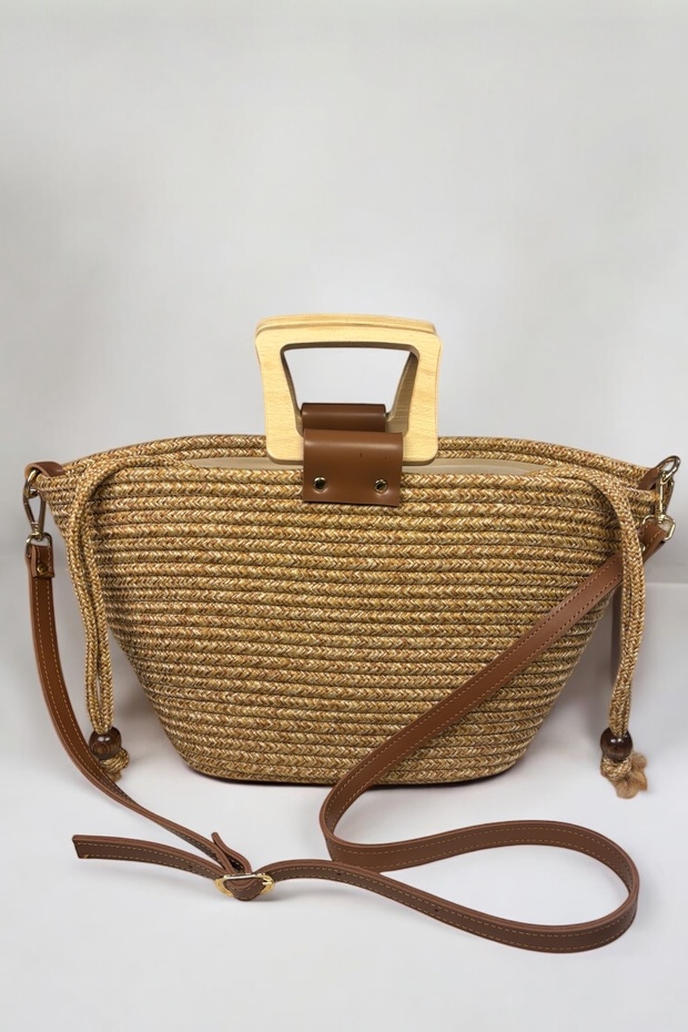 Woody Wooden Handle Leather Detailed Jute Straw Look Vip Bag with Inner Lining