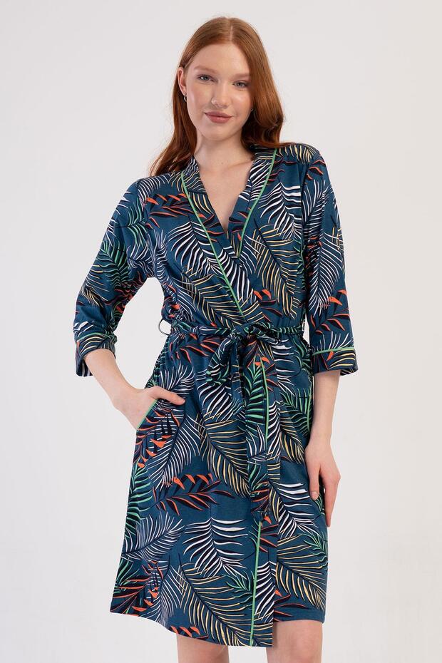 Women's Large Size Capri Sleeve Petrol Dressing Gown C7T6N0O014