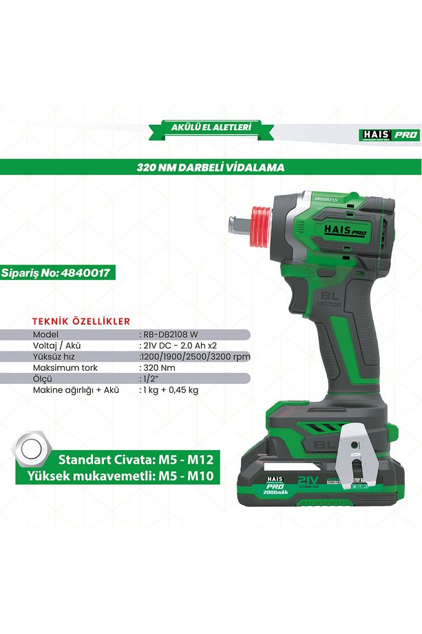 AKÜLÜ DARB.VİD.320NM 21V 2.0Ah RB-DB2108W HAISPRO - 2