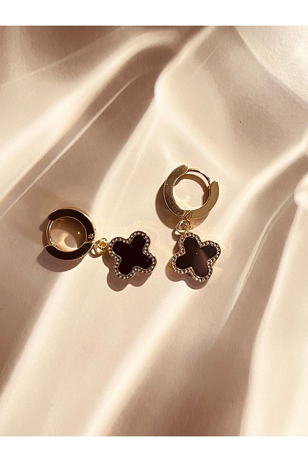 Siyah Yonca Model Gold Renk Kadın Çelik Küpe - 3