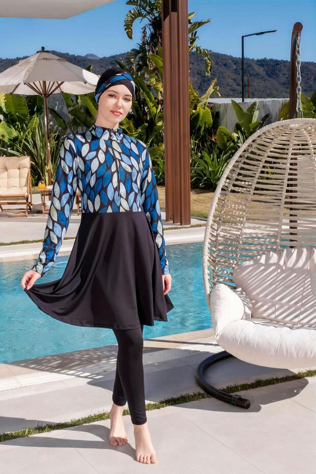 Quick Dry Patterned Tights Lycra Hijab Swimsuit 2512