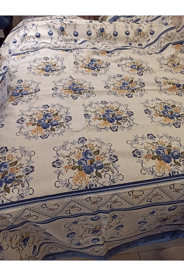 Buket Desen Baskılı 200x240 Cm. Çift Kişilik (BATTAL) Tek Pike - Mavi - 1