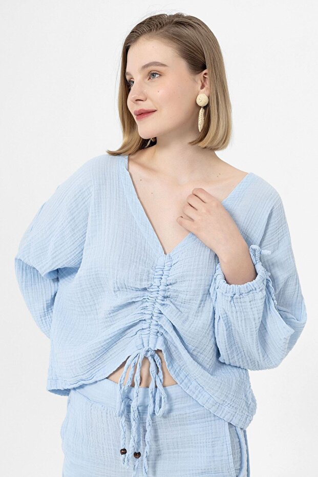 Women's Oversize Crop / Blouse - Muslin Long Sleeve Gathered - 1080