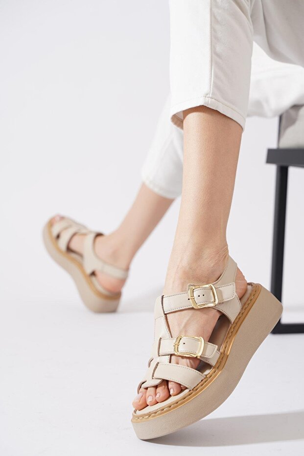 Liona Double Buckle Genuine Leather Women's Sandals Skin Tone