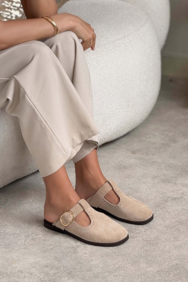 Dámské pantofle Serry Beige Genuine Suede s detailní plochou podrážkou - 7