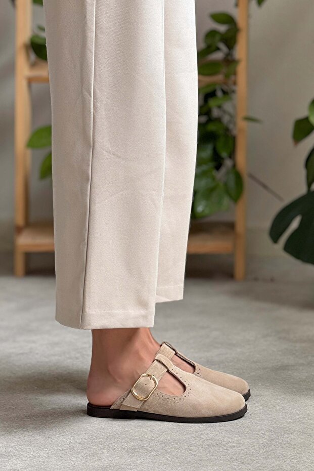 Dámské pantofle Serry Beige Genuine Suede s detailní plochou podrážkou - 5