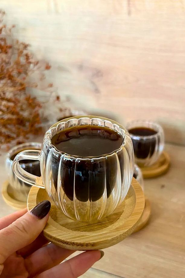 2'li Bambu Tabaklı Çift Cidarlı Kahve Takımı Bardağı Fincan Seti 80 ML 4 Parça - 1