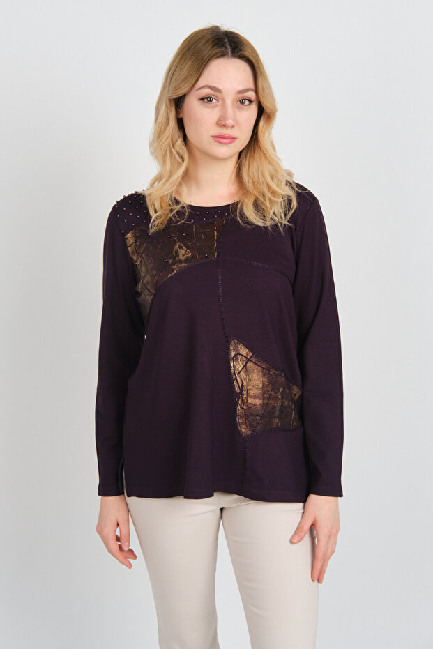 Women's Beaded Embroidered Shiny Patterned Long Sleeve Mother Blouse 5744 Plum