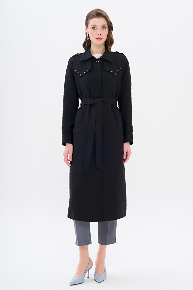 Capes Staple Detailed Quilted Patterned Lightweight Trench Coat Black 6705
