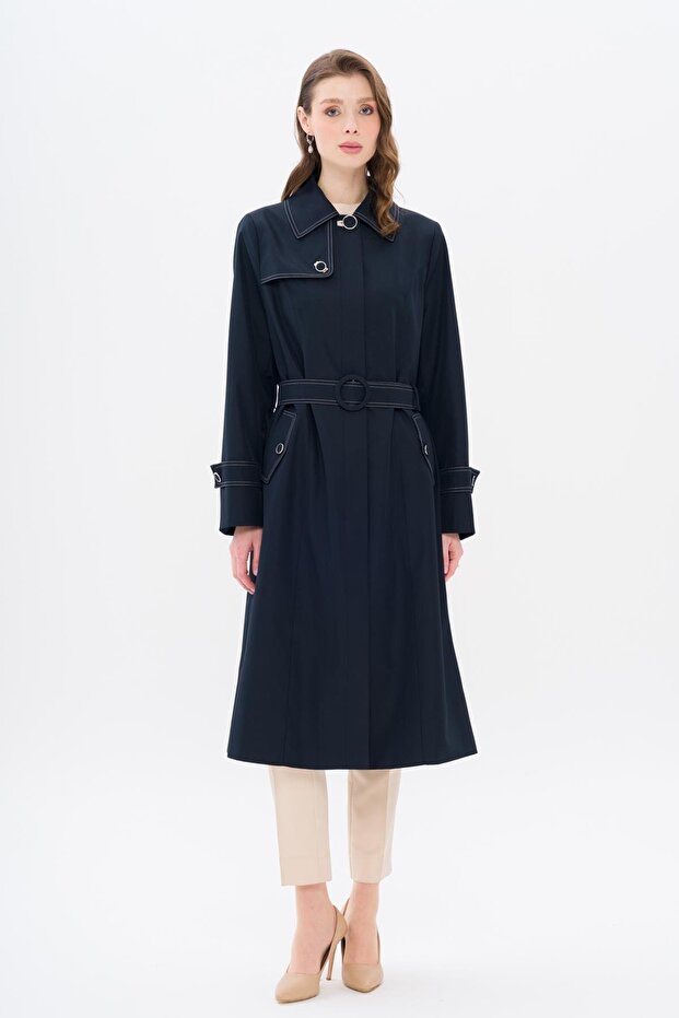 Shirt Collar Stitching Detailed Large Size Trench Coat Dark Blue 4300