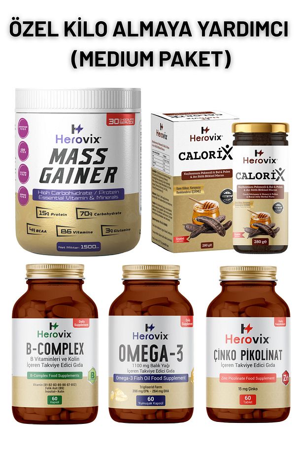 Kılo Almaya Yardımcı - Medium Paket ( Omega 3, B Complex, Çinko, Calorix, Gainer 1500gr) - 1
