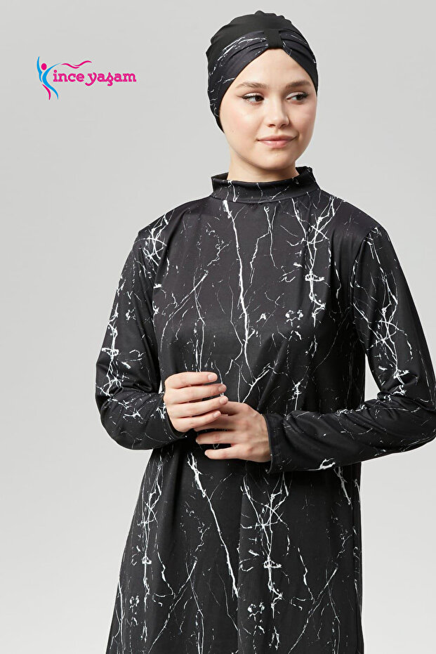 Fully Covered Water Repellent Quick Dry Hijab Swimsuit Suit Hijab Swimsuit Scalding Marble Pattern