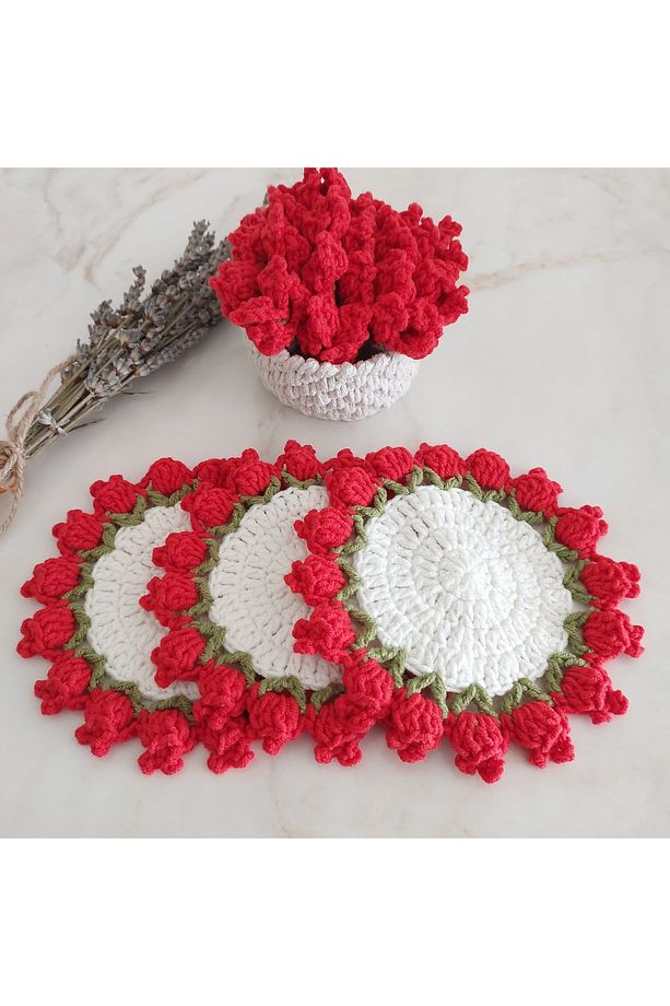 El Örgüsü Laleli Bardak/fincan/kupa Altlığı Ve Sepeti [bardak Altı 13 Cm] - 1