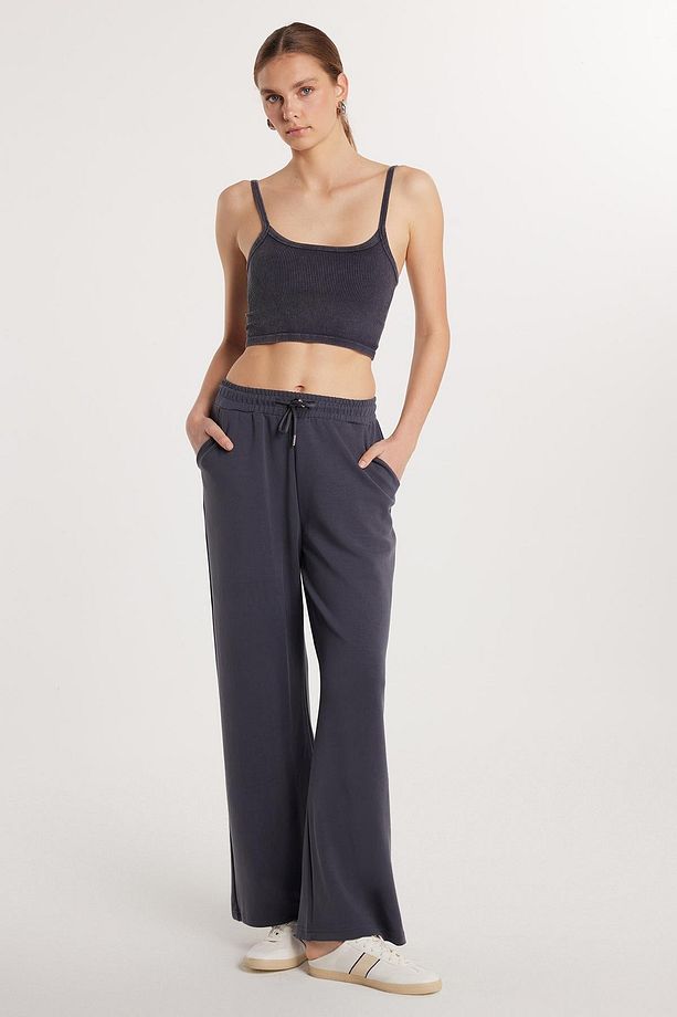 Kadın Modal Kumaş Regular Fit Normal Bel Çift Cep Beli Bağcıklı Antrasit Eşofman Altı - 2