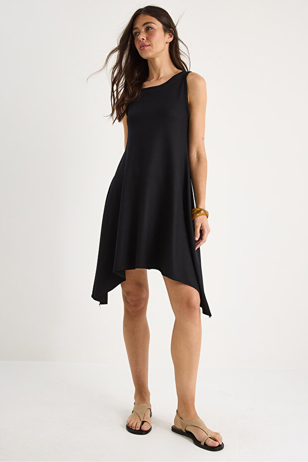 Women's Black Asymmetrical Cut Thick Strap Comfortable Summer Modal Dress 4034 60284053