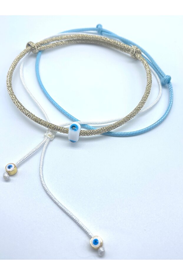 3 Pieces Minimal Murano Evil Eye Beaded Gold Paracord and Korean Floss Summer Anklet Set