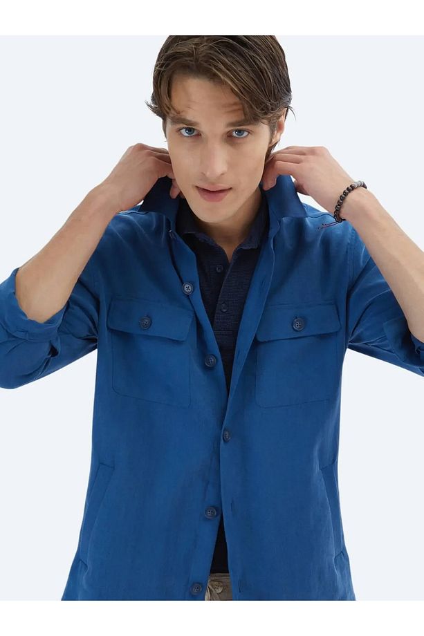 İndigo Regular Fit Dokuma Overshırt - 4