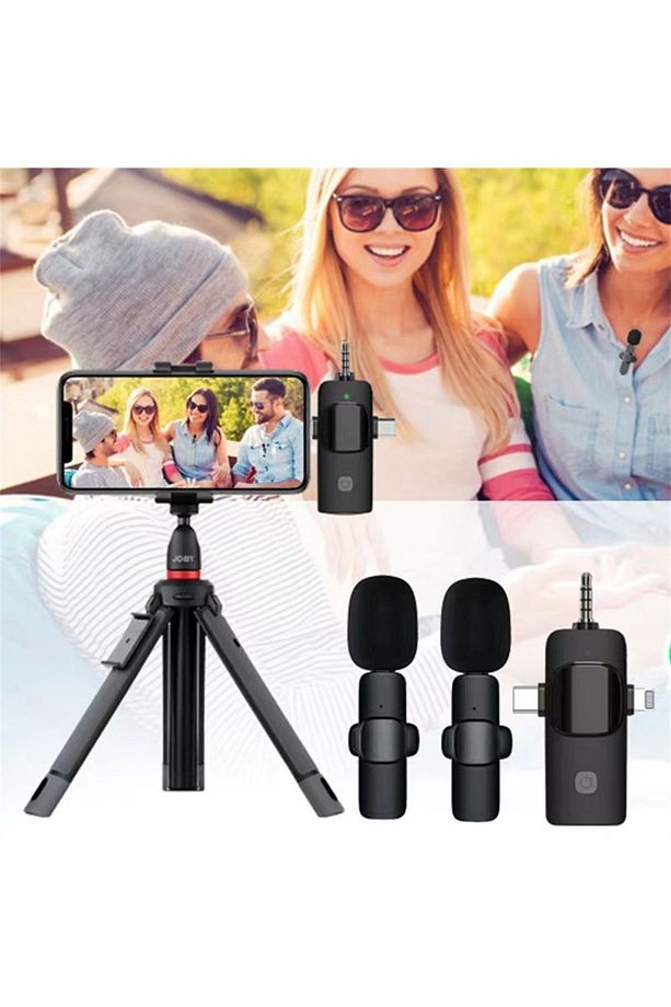 İkili Kablosuz Yaka Mikrofonu 3.5mm Aux iPhone Type-C PC Tablet Video Kayıt Vlog USB C ve Amfi - 2