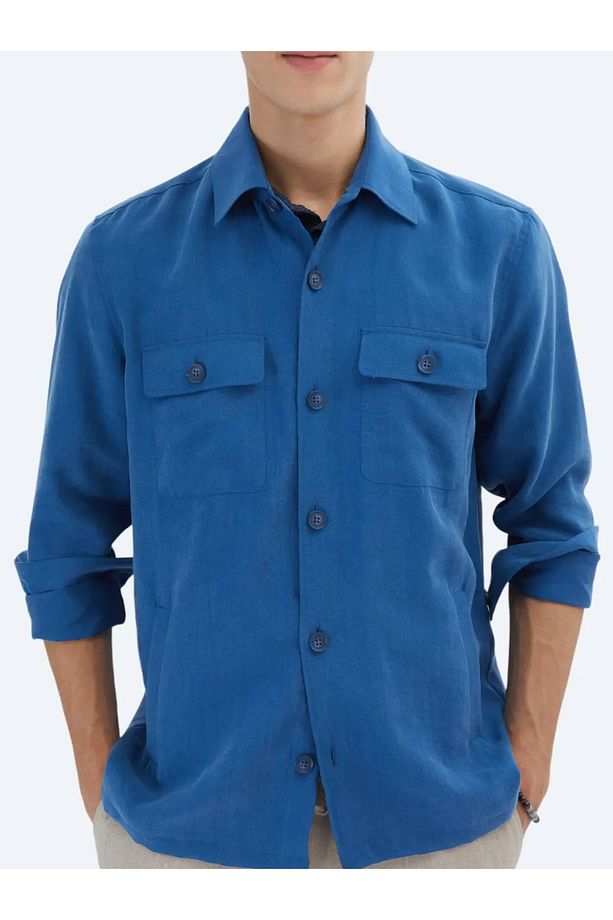 İndigo Regular Fit Dokuma Overshırt - 5
