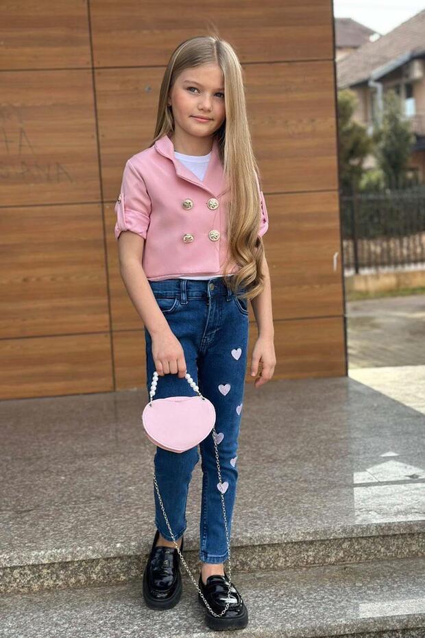 Girl's Silver Button Detailed Powder Blazer Jacket Heart Detailed Jean Pants Bottom Top Set 2251205016