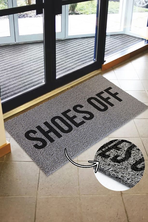 Shoes Off Baskılı Kıvırcık Paspas Kapı Önü Paspası Kaymaz Taban - 1