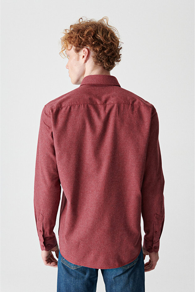 Men's Claret Red Basic Buttoned Collar Cotton Shirt E 002003 - 5