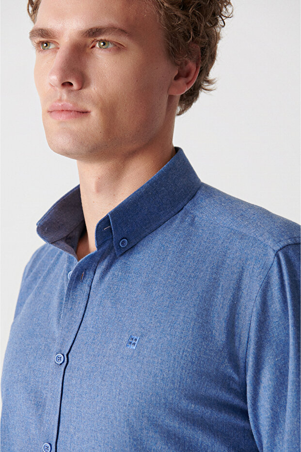 Erkek İndigo Basic Düğmeli Yaka Pamuklu Gömlek E002003 - 2