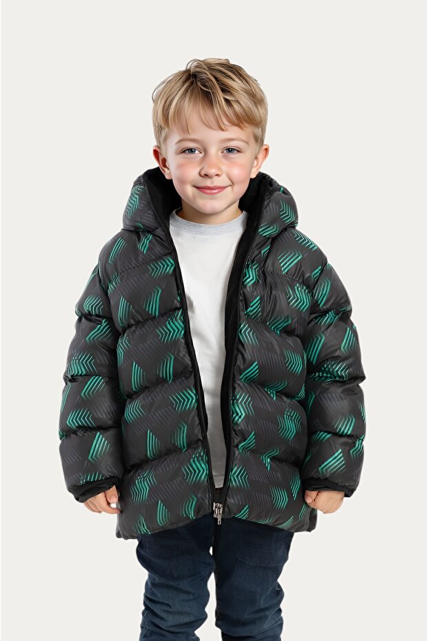 Boy's Black Green Digital Pattern Fleece Water and Windproof Hooded Puffer Winter Coat