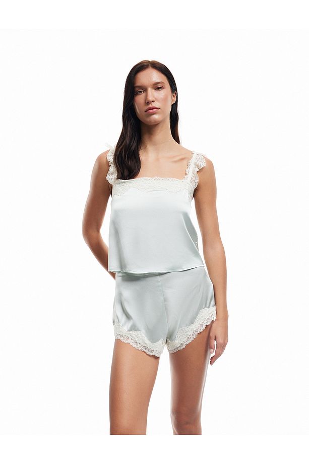 Oversize Dantel Detaylı Saten Şort Pijama Altı - 1