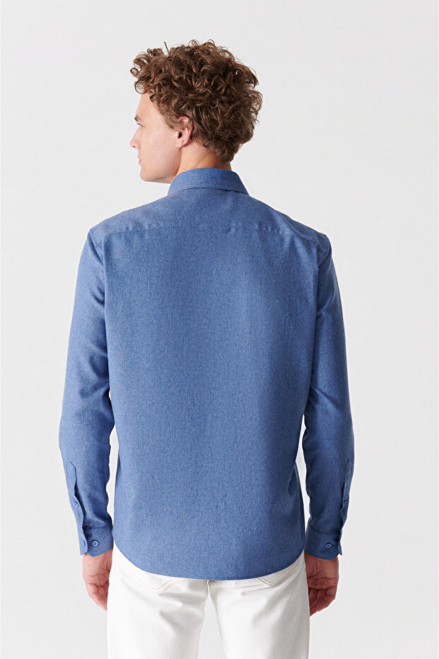 Erkek İndigo Basic Düğmeli Yaka Pamuklu Gömlek E002003 - 5