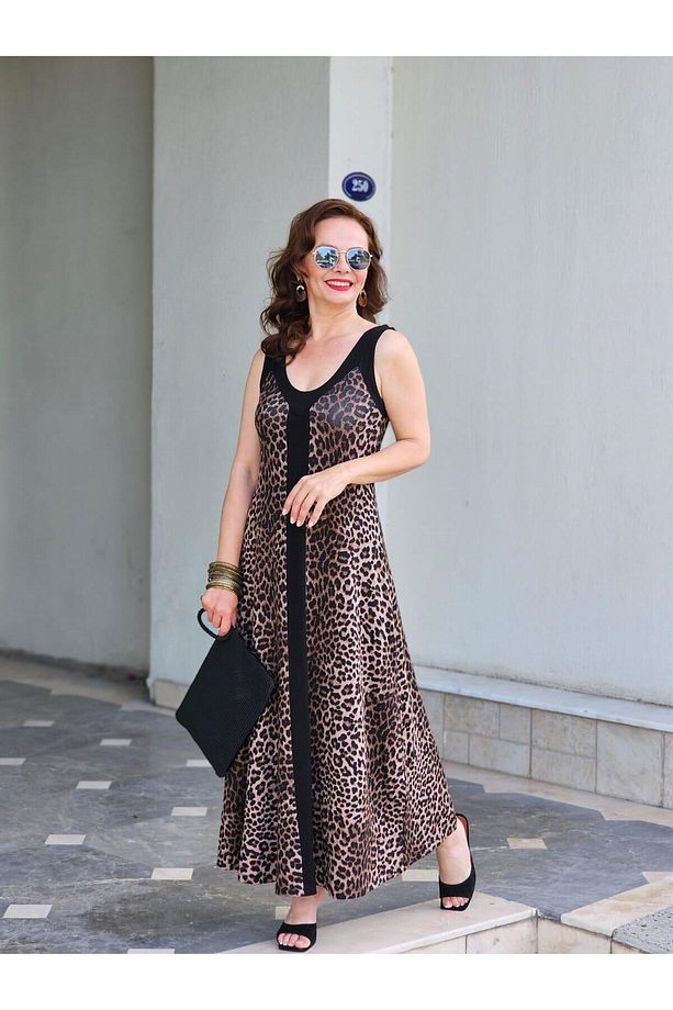 FELİX13637 Kalın Askılı Leopar Desenli Siyah Uzun Elbise - 6