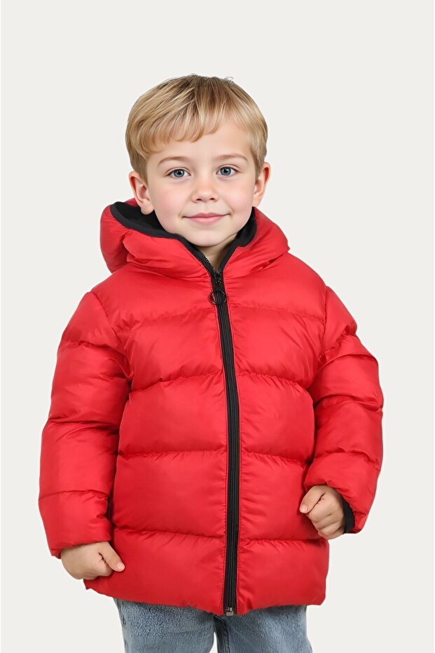 Boy's Red Inner Fleece Hooded Waterproof Wind Resistant Inflatable Winter Jacket & Coat