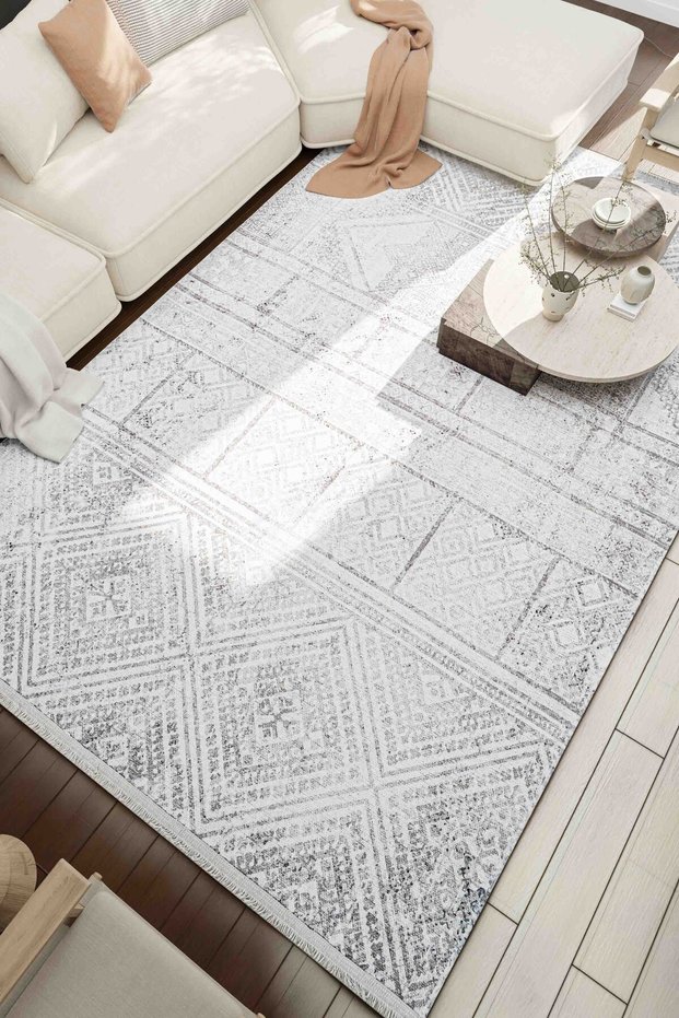 Antique Patterned Washable Non-Slip Base Chenille Gray Living Room Carpet 7813