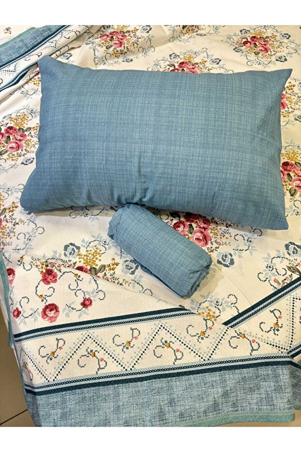 Bouquet Patterned Bed Sheet with Elastic Double Pique Set - Petrol Green - 6