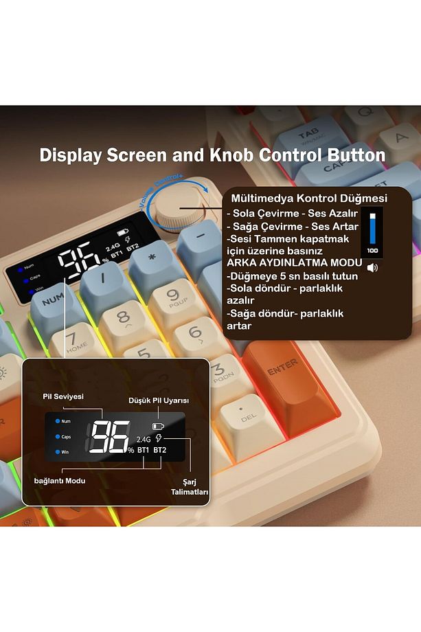 Gaming Oyuncu Klavye RGB Kablosuz 2.4ghz -Bluetooth Çift Bağlantılı Tft Led Ekranlı Oyuncu Klavye - 7