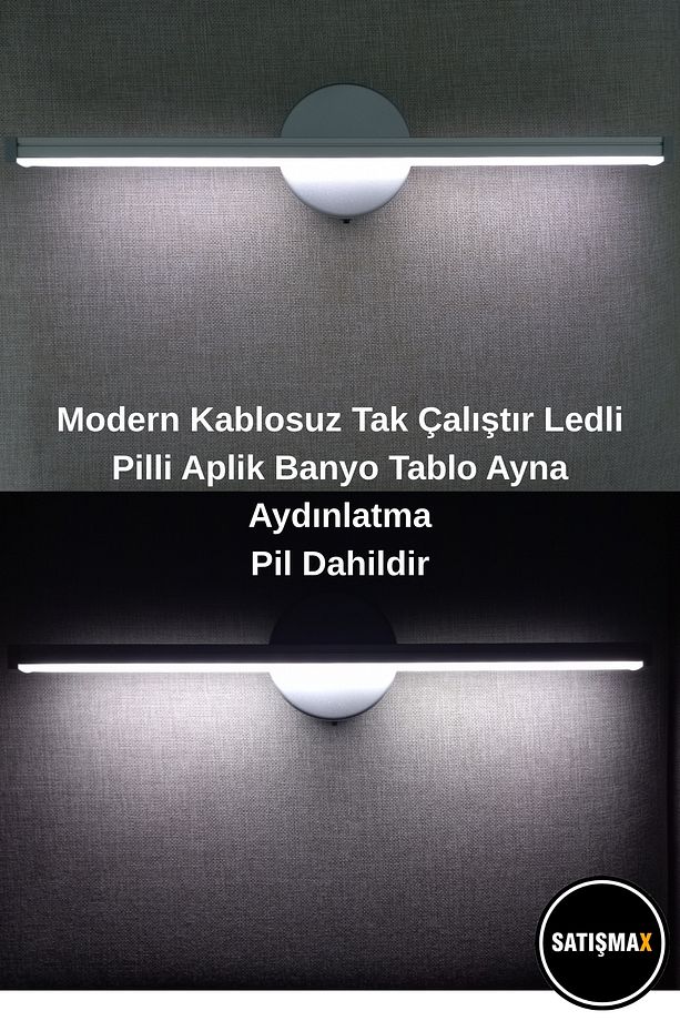 Modern Kablosuz Tak Çalıştır Ledli Pilli Aplik Banyo Tablo Ayna Aydınlatma Gri Pil Dahildir - 2