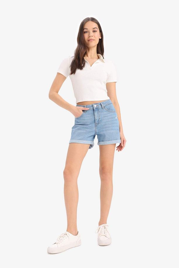 Normal Bel Yıkamalı Cepli Duble Paça Jean Şort E0701AX25SM - 3