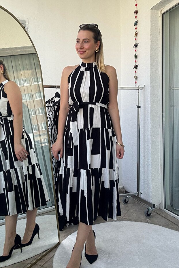 Halter Neck Piano Pattern Black Long Sleeveless Dress