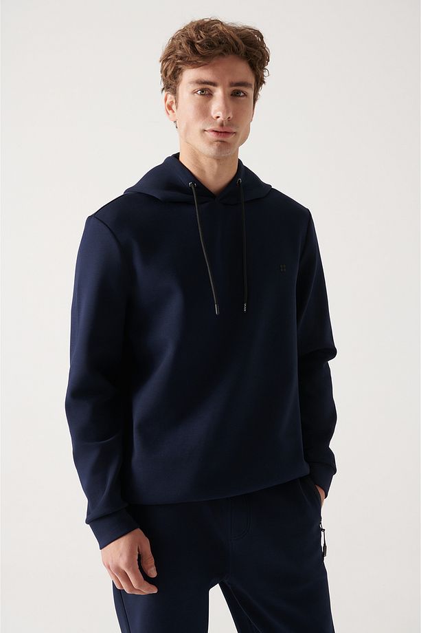 Erkek Lacivert Kapüşonlu Esnek Yumuşak Doku Interlok Kumaş Sweatshirt B001101 - 3