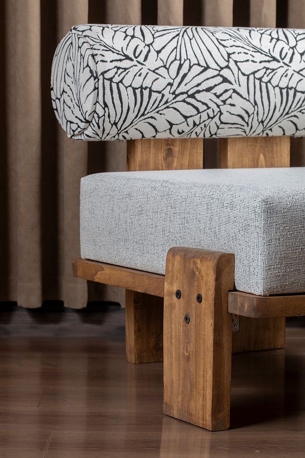 VOOG Doğal Ahşap Jakarlı Dokuma Kumaş Modern Berjer - 5