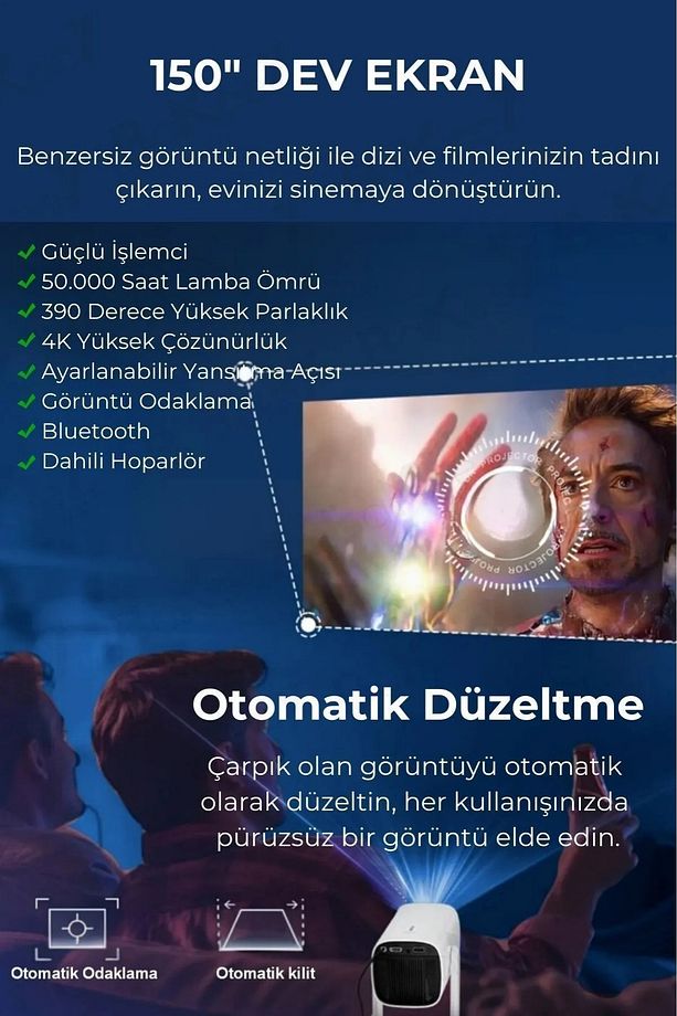 K2 Şarjlı Projeksiyon Cihazı Android Bluetooth Ev Sineması Projektör - 8